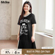 MsShe【珠地棉】大碼女裝2025夏裝胖mm閃粉印花拼接百褶T恤連衣裙 黑色現(xiàn)貨 3XL