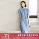 顏域新中式女裝連衣裙2024新款夏裝優(yōu)雅氣質(zhì)百褶裙短袖中長款裙子 藍(lán)色 XL/42