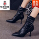 千紙鶴（Q ZHIHE）真軟皮短靴女2025新款高跟靴馬丁靴細(xì)跟顯瘦尖頭中筒靴子加絨靴子 黑色 34  正碼