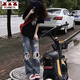 萬欣兒復古做舊破洞牛仔褲女秋季2025新款高腰寬松直筒百搭闊腿長褲 藍色 M