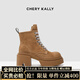 CHERY KALLY【陳都靈同款】氣質厚底馬丁靴女士2025款英倫風真皮粗跟短靴子女 黃棕色【杜雨宸/阿麗亞同款】 37