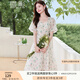 香影（xiangying）泡泡袖碎花連衣裙女2025夏裝新款桃心領(lǐng)裙子溫柔風(fēng)印花雪紡裙 綠色 M