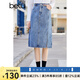 betu百圖女裝淺藍(lán)洗水色高腰a字中長款開叉包臀牛仔半身裙2201T44 淺藍(lán) XS
