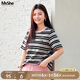MsShe【全棉】大碼女裝2025夏裝胖mm彩色條紋提花正肩短袖T恤上衣 黑色現貨 XL