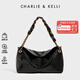 CHARLIE&KELLI CK品牌包包女包2025新款真皮腋下包大容量單肩斜挎包禮物女實(shí)用 黑色 爆裂紋【京倉配送 贈禮袋】