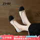 ZHR淺口單鞋女平底金屬扣圓頭軟底瑪麗珍鞋女小香風真牛皮拼色氣質(zhì)時裝一腳蹬鞋子女 AH250 米色 36 