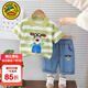 G.duck小黃鴨男童夏裝套裝0一3嬰兒衣服5小童男寶寶短袖T恤牛仔褲兩件套 綠色 100 尺碼2~3歲【 90-100cm】