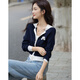 德瑪納【法式高彈休閑針織衫】春秋新款翻領(lǐng)撞色牙刷繡開(kāi)衫女上衣