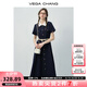 VEGA CHANG連衣裙女夏2025年新款學(xué)院風(fēng)減齡撞色娃娃領(lǐng)單排扣長裙 靛藍(lán)色 S