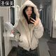 圣保美羽絨棉服女冬季連帽工裝外套2025新款加厚短款保暖派克服棉衣棉襖 灰白色 S 碼