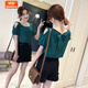 婍妡雪紡衫女短袖2025新款夏季女裝韓版時(shí)尚洋氣打底衫氣質(zhì)露肩上衣女 綠色 S 80斤
