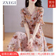 ZXEGI收腰顯瘦100%桑蠶絲真絲連衣裙夏季新款時(shí)尚印花韓版高端A字裙女 粉色 2XL （116-125斤）