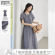 對(duì)白復(fù)古文藝格子短袖連衣裙女2025夏季新款圓領(lǐng)寬松抽繩收腰長(zhǎng)裙 藏青格 L