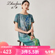 兆君2024春夏真絲新款國(guó)風(fēng)印花連衣裙女短袖寬松古風(fēng)桑蠶絲裙子 藍(lán)綠色 XL