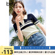 百圖betu女裝夏季新款毛針織衫減齡翻領條紋寬松短袖女2403T06 藍白條 M