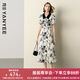顏域翻領(lǐng)水墨印花連衣裙女2025夏季新款法式復(fù)古收腰短袖氣質(zhì)長裙 黑白花 M