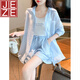 JEZE夏裝搭配一整套防曬衣襯衫套裝女2025新款休閑襯衣吊帶短褲三件套 藍色【z】 M 【建議95-110斤】