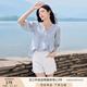 香影【王楚然明星同款】白色娃娃衫上衣女夏含亞麻小衫淡人薄v領(lǐng)襯衫 藍色 L 165/88A/110-125斤