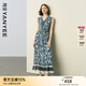 顏域碎花背心連衣裙女2025夏季新款法式復(fù)古拼接收腰V領(lǐng)魚尾長裙 藍(lán)花 L