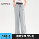 三福休閑褲2025夏季英文刺繡撞色抽繩松緊腰長褲女裝500420 深花灰 M