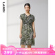 LANDI商場(chǎng)同款藍地新款桑蠶絲V領(lǐng)印花碎花連衣裙女夏季短袖真絲裙 孔雀綠 L