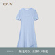 OVV2023春夏新款女裝彈力修身A型傘裝不對(duì)稱短袖U領(lǐng)針織裙 藍(lán)灰鑲拼09 S