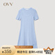 OVV2023春夏新款女裝彈力修身A型傘裝不對稱短袖U領針織裙 藍灰鑲拼09 S