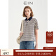 EIN言?；陾l紋撞色POLO領(lǐng)文藝休閑寬松短袖T恤上衣女2025夏季新款 墨藍 M