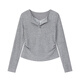 VEGA CHANG【精英衣櫥】灰色t恤女2025早秋新款V領(lǐng)蕾絲修身假兩件針織上衣 淺霧灰 XL