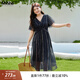 MsShe【波嬉風(fēng)印花雪紡連衣裙】大碼女裝2025夏季胖mmV領(lǐng)高端裙子 藏青藍(lán)色現(xiàn)貨 2XL