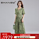 Ehangy輕奢品牌連衣裙女2025夏季新款高級(jí)感法式印花收腰顯瘦漂亮裙子 綠色 2XL