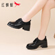 紅蜻蜓女鞋樂(lè )福鞋厚底增高小皮鞋冬季加絨保暖高跟鞋英倫風(fēng)粗跟軟皮單鞋 黑色（跟高6cm） 37