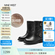NINE WEST/玖熙騎士短靴女真皮厚底冬新款復古百搭皮帶機車時裝靴中筒女靴 黑色(絨里) 37