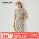 兆君2025春夏桑蠶絲新款時(shí)尚印花連衣裙女半袖系帶真絲雙縐裙子 粉底綠葉 M