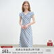 自巧小個(gè)子藍色斜裁格子連衣裙女2025夏季新款法式短袖中長(cháng)裙子 藍白格 M （4碼）