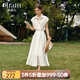 Olrain【七夕】歐芮兒米白色連衣裙女春夏2025新款復(fù)古通勤連肩袖襯衫裙 米白色 L