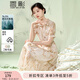 香影新中式碎花連衣裙女2025夏季新款高腰盤扣v領(lǐng)泡泡袖國風(fēng)裙子 米色 M