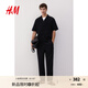 H&M男裝休閑褲2025夏季新款透氣亞麻混紡寬松直筒休閑長褲1253406 黑色 XL 180/106
