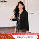 MsShe【可拆絲巾翻領(lǐng)針織小衫】大碼女裝2025秋胖mm短款長(cháng)袖上衣 小衫-黑色現貨 2XL