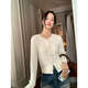 pusumede 首爾畫(huà)展 圓領(lǐng)麻花毛衣開(kāi)衫女復古短款寬松氣質(zhì)針織上衣 米杏 現貨 S