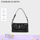 CHARLES&KEITH褶皺油蠟皮斜挎小方包手提包腋下包女士生日七夕禮物CK2-80160183 Noir黑色 S