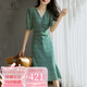 clotho Rennie品牌女裝碎花連衣裙女2025夏季新款法式優(yōu)雅V領(lǐng)修身顯瘦荷葉裙子 綠色 L