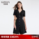 歌莉婭小個(gè)子連衣裙女夏季新款打褶V領(lǐng)收腰短袖小黑裙1B6R4K800 00B黑色 XL