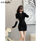 她芙（tafu）品牌女裝連帽長(cháng)袖連衣裙女2025春秋新款針織修身顯瘦包臀短裙子 黑色 M