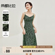 尚都比拉春秋新款女裝吊帶連衣裙氣質(zhì)優(yōu)雅打底裙子法式碎花裙 黑底綠花 S