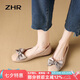 ZHR平底單鞋女蝴蝶結(jié)淺口豆豆女鞋舒適百搭氣質(zhì)方頭牛皮鞋AH168 杏36