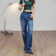 馬登破洞丹寧水洗牛仔褲復古直筒褲子寬松休閑百搭垂感拖地長(cháng)褲女 靛藍色 M