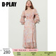 DPLAY2024夏季海邊度假沙灘裙粉色碎花裙荷葉邊雪紡連衣裙長裙 粉紫印象花園 S