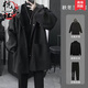 杭潮社痞帥套裝男秋冬季毛呢大衣加厚夾棉外套男裝搭配一整套帥氣三件套 黑色外套+黑高領(lǐng)毛衣+常規黑西褲 XL