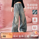 ASK JUNIOR【筆刷印染牛仔褲】?jì)和澴?5秋復古直筒褲女童垂感長(cháng)褲青少年